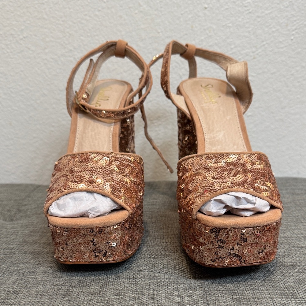 Shellys London Gold Sequin Platform Heels